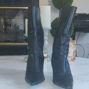 Black leather mid calf ankle boots